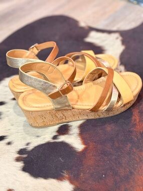 Soda Tan and Gold Cork Wedge Sandals